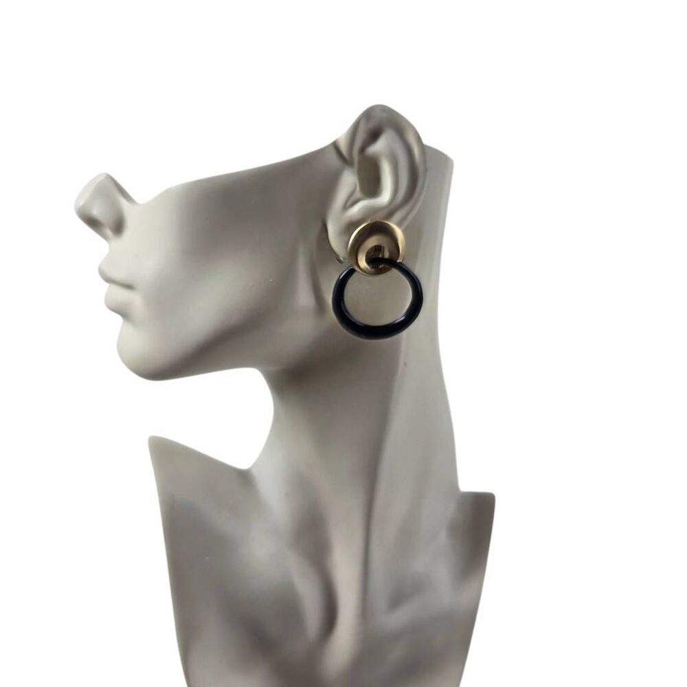 Vintage Matte Gold & Black Enamel Hoop Clip-On Earrings | 1980s